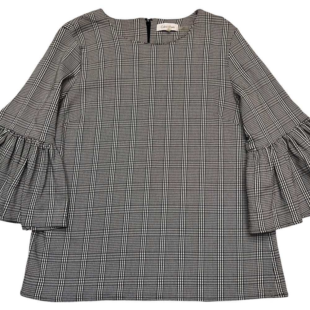 Calvin Klein Black White Plaid Preppy Academia Old Money Bell Sleeve Top Size‎ M